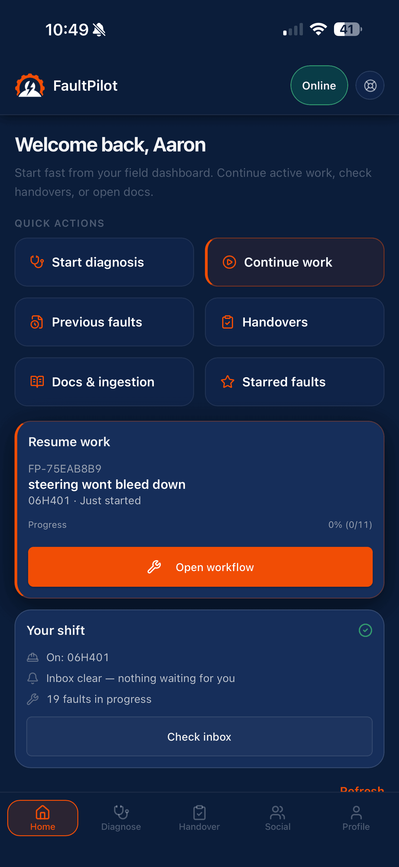 FaultPilot app dashboard showing active faults and quick actions